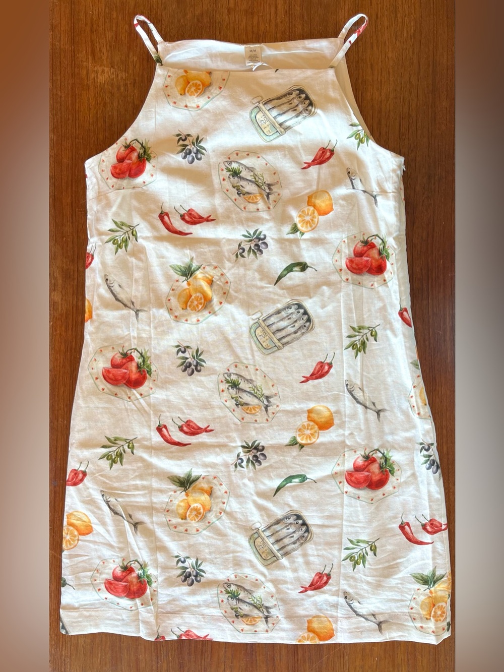 White Sleeveless Linen Blend Sundress with Citrus & Tomato Print